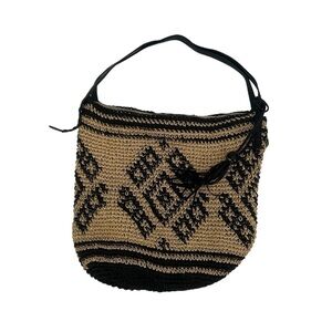 Lucky Brand Black Tan Geometric Woven Paper Bucket Bag Purse